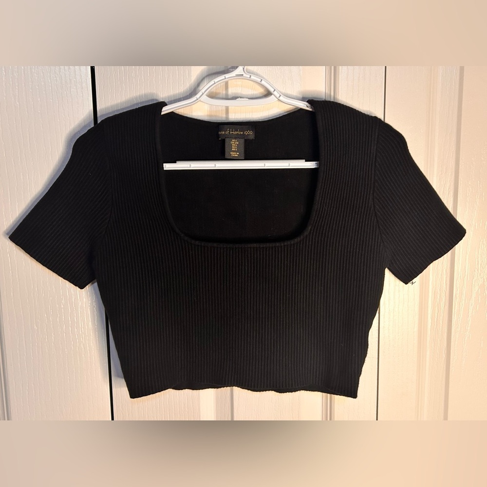House‎ Of Harlow 1960 Ribbed Black Short Sleeve Knit Square Neck Crop Top Large